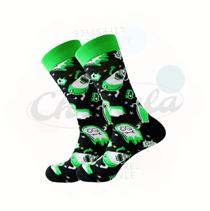 Chaussettes fantaisie noires avec des fantômes verts dansants pour Halloween