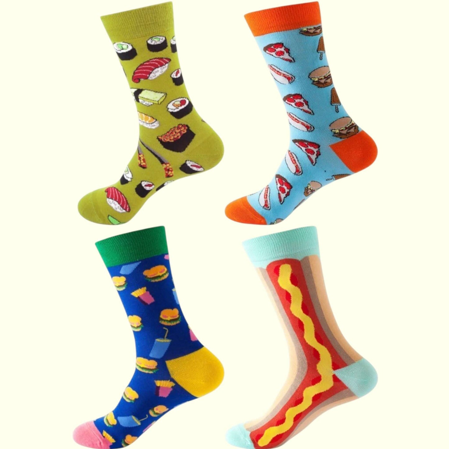 Chaussettes fantaisie classiques pack Street Food 4 paires avec motifs pizza, burgers, hot-dogs et sushis – Chollala