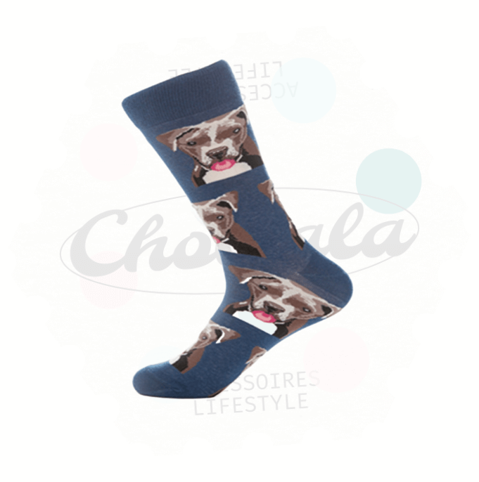 Chaussettes fantaisie bleues avec motif chien, offrant confort et originalité pour les amoureux des animaux.