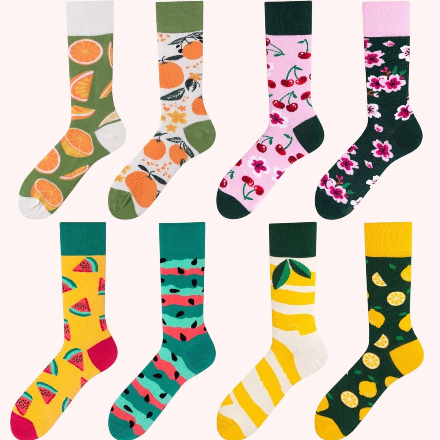 Pack Fruité 4 paires dépareillées de chaussettes fantaisie aux motifs citron, orange, pastèque et cerise – Chollala