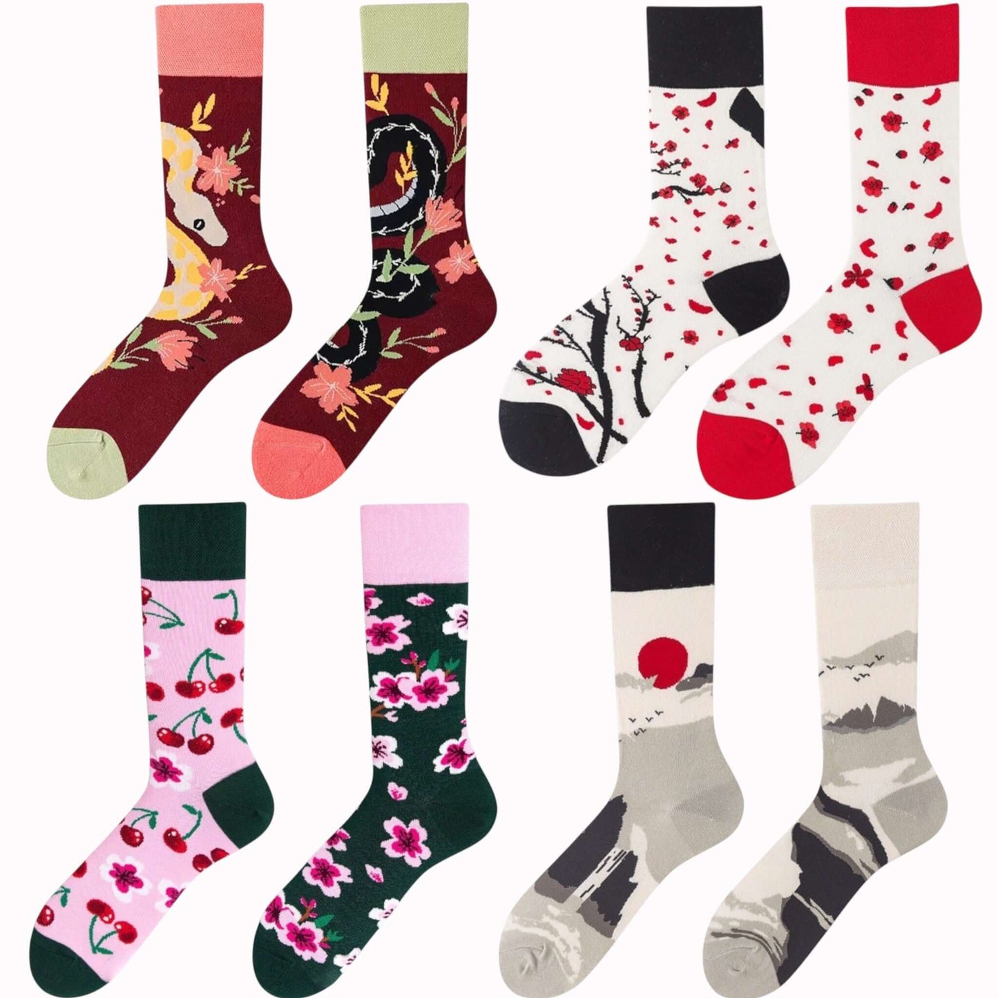 Pack Zen 4 paires dépareillées de chaussettes fantaisie avec motifs cerisiers, paysages et fleurs – Chollala