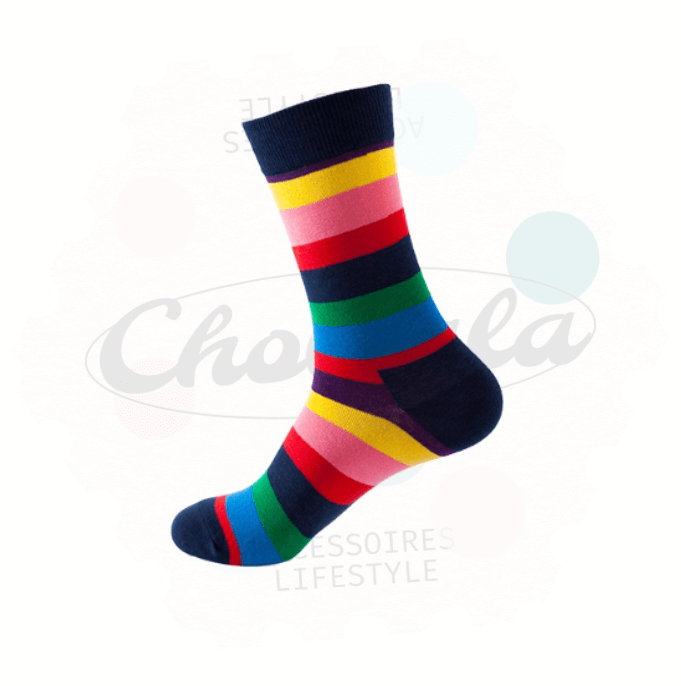 Chaussettes fantaisie rayées en couleurs vives, ajoutant du style et de la gaieté à votre tenue.