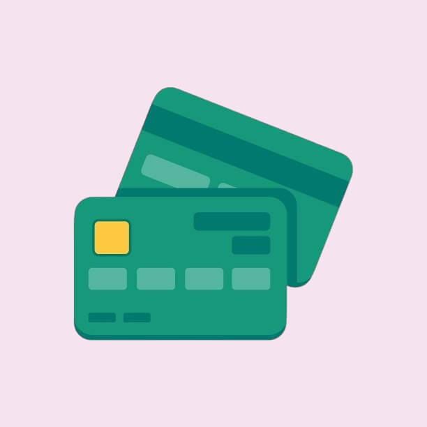 Illustration de deux cartes bancaires vertes sur fond rose clair representant un paiement par carte.
