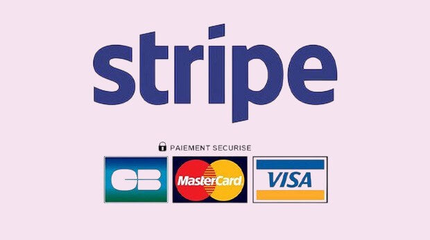 Options de paiement Stripe affichées : CB, MasterCard, Visa, garantissant des transactions sécurisées via Stripe.
