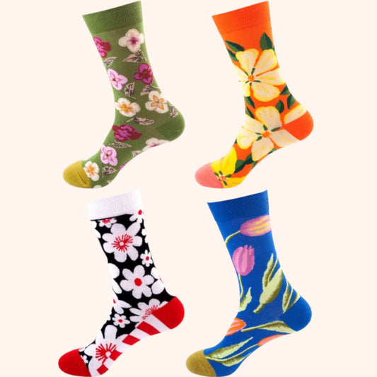 Pack Florale 4 paires classiques de chaussettes fantaisie aux motifs fleuris et colorés – Chollala