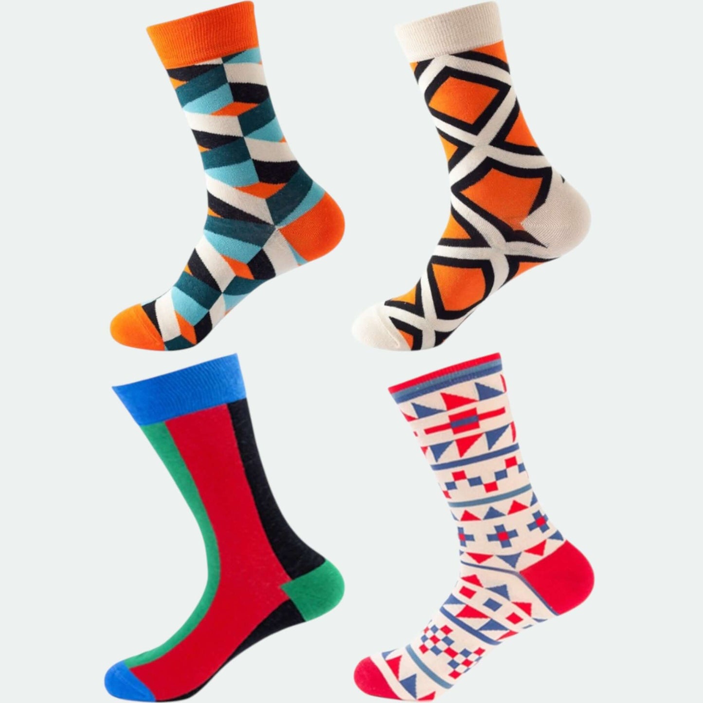 Pack Géométrie 4 paires classiques de chaussettes fantaisie aux motifs géométriques et contrastés – Chollala