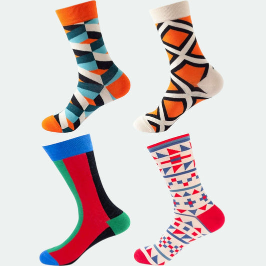 Pack Géométrie 4 paires classiques de chaussettes fantaisie aux motifs géométriques et contrastés – Chollala