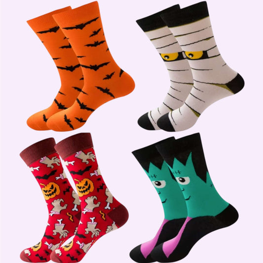 Pack Halloween 4 paires classiques de chaussettes fantaisie avec motifs citrouilles, momie, chauves-souris et Frankenstein – Chollala