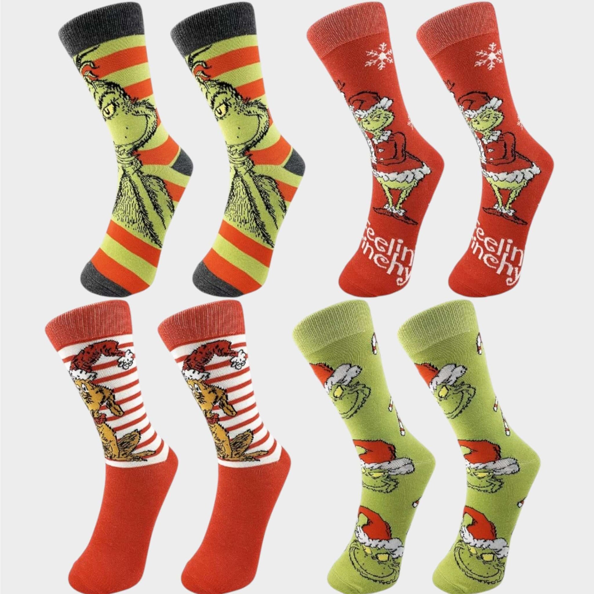 Pack Noël 4 paires classiques de chaussettes fantaisie aux motifs festifs inspirés du Grinch et de Noël – Chollala