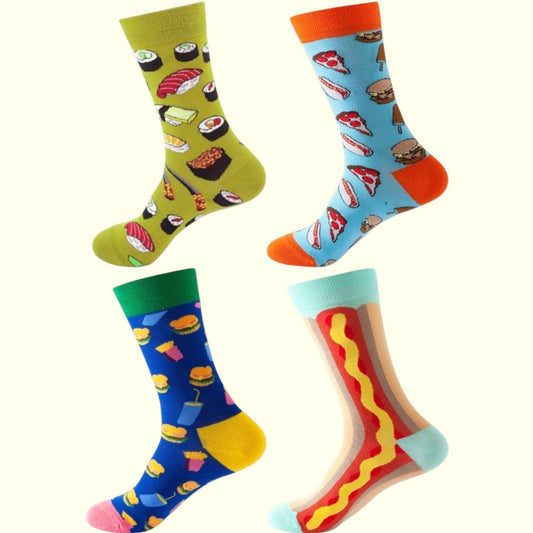 Chaussettes fantaisie classiques pack Street Food 4 paires avec motifs pizza, burgers, hot-dogs et sushis – Chollala
