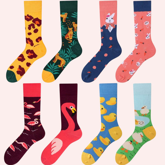 Pack Animaux 4 paires dépareillées de chaussettes fantaisie avec motifs léopard, lapin, flamant rose et canard – Chollala