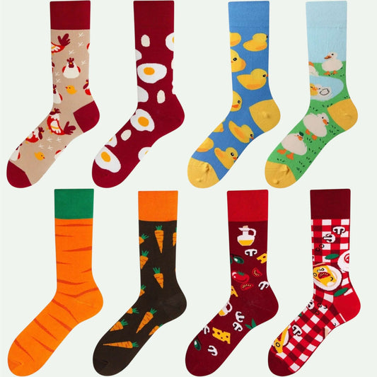 Pack Champêtre 4 paires dépareillées de chaussettes fantaisie avec motifs poules, œufs, carottes et campagne – Chollala