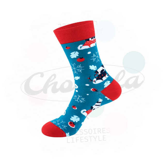 Chaussettes fantaisie Noël Animaux avec motifs rouges-gorges et flocons de neige sur fond bleu.