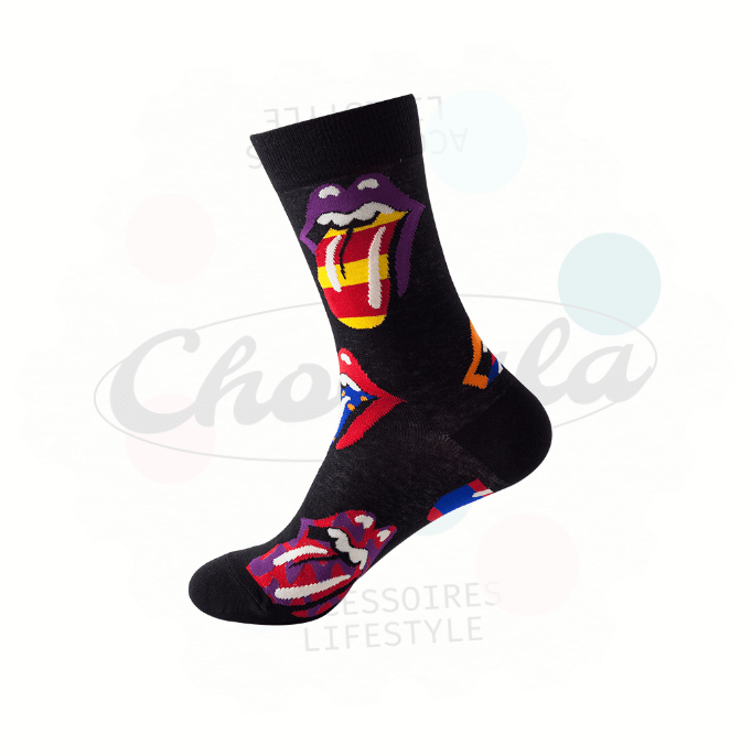 Chaussettes fantaisie The Rolling Stones avec motif lèvres et langues sur fond noir, style rock'n'roll.