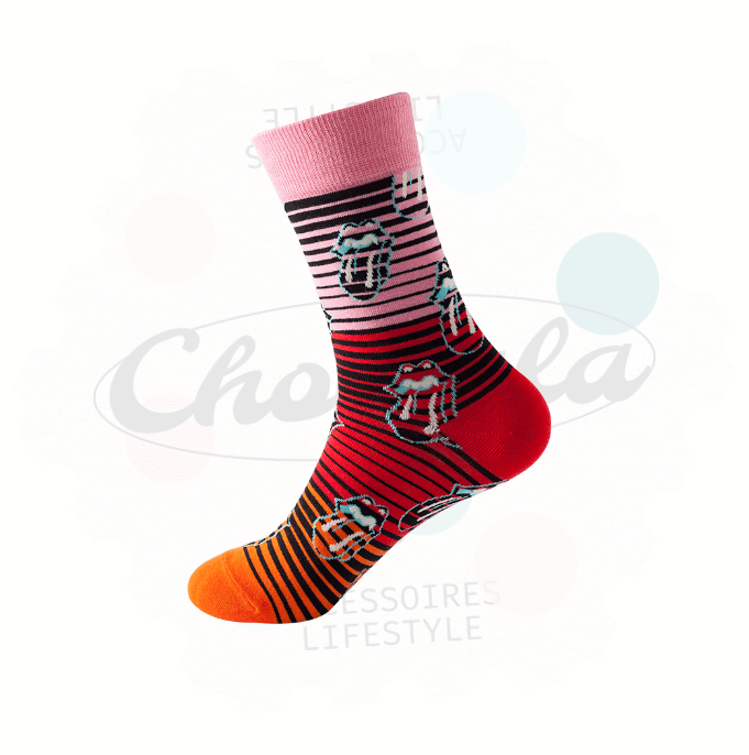 Chaussettes Fantaisie The Rolling Stones avec design iconique en rayures noires, roses, rouges et orange.