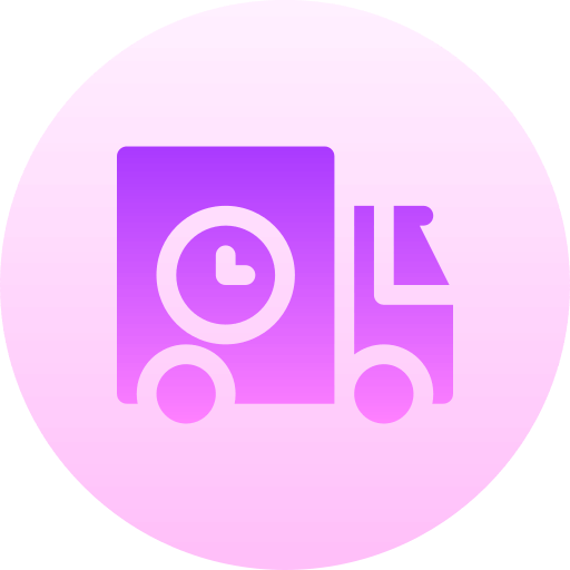 Icône d’un camion de livraison avec une horloge, symbolisant une expédition rapide et un service logistique ponctuel.